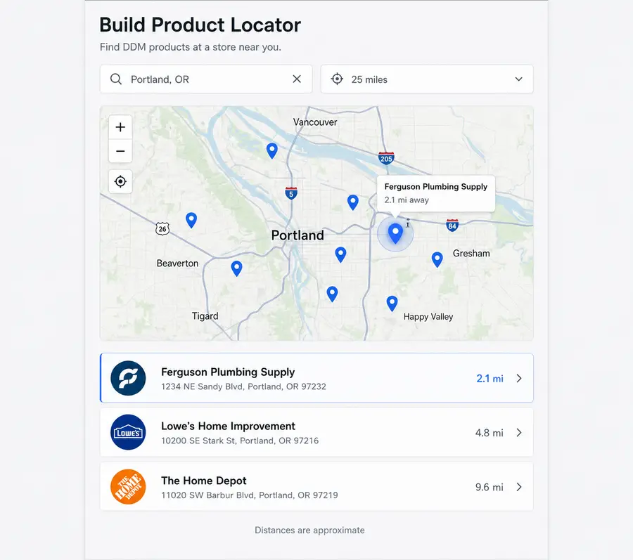 A dealer locator with search, filters and distance-aware results